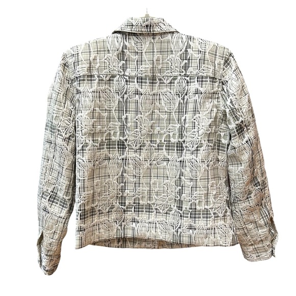 Women’s Jacket Blazer Cropped Textured Plaid Button Front Green White Black PL - Picture 2 of 10